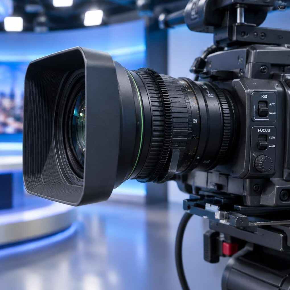 Close-up of a television camera lens in a studio