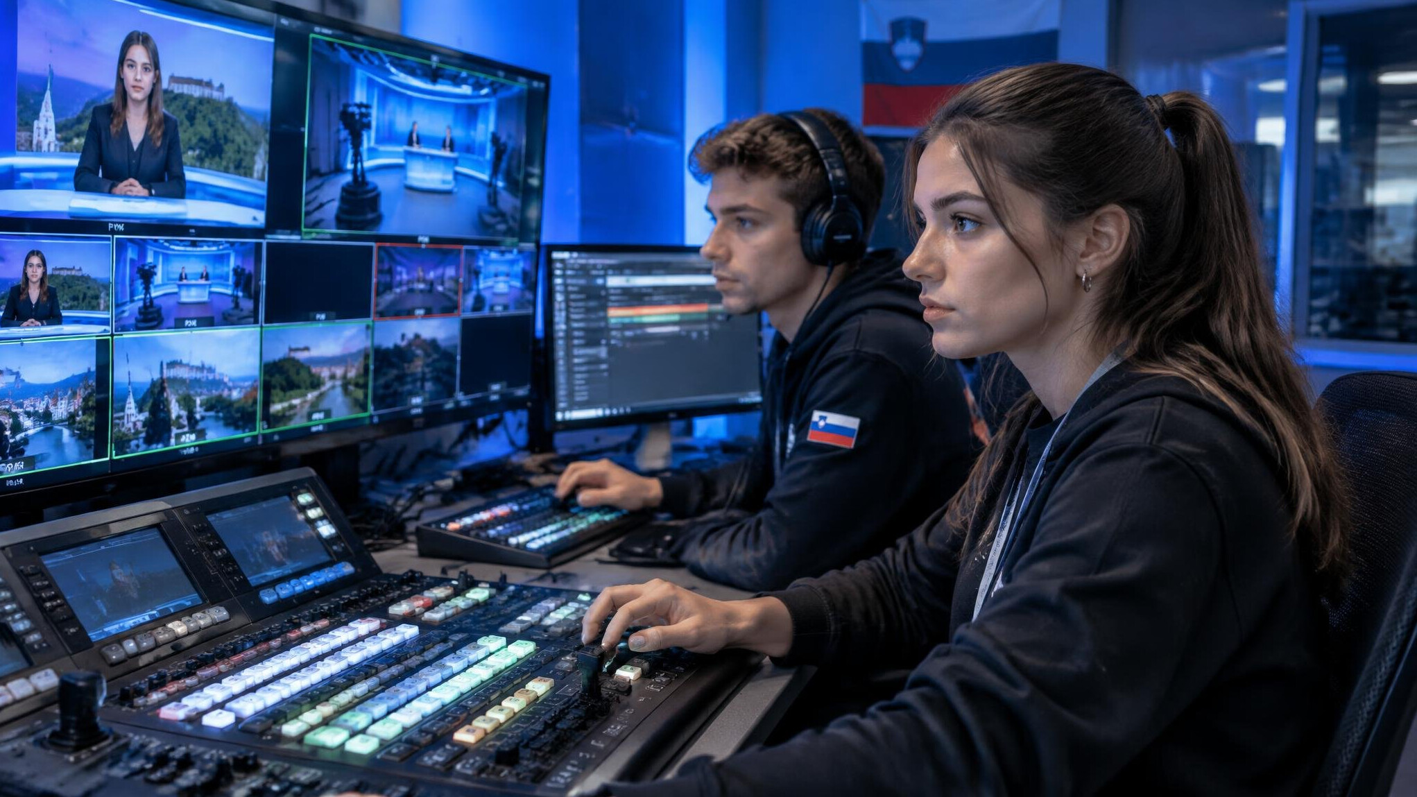 Students operating a television control room mixing desk