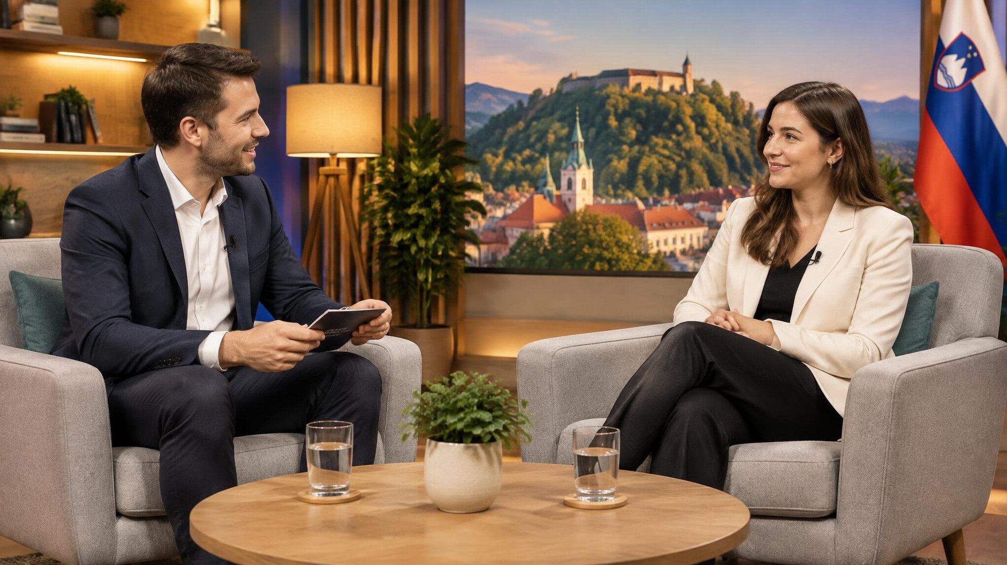Two people practicing an interview on a studio set