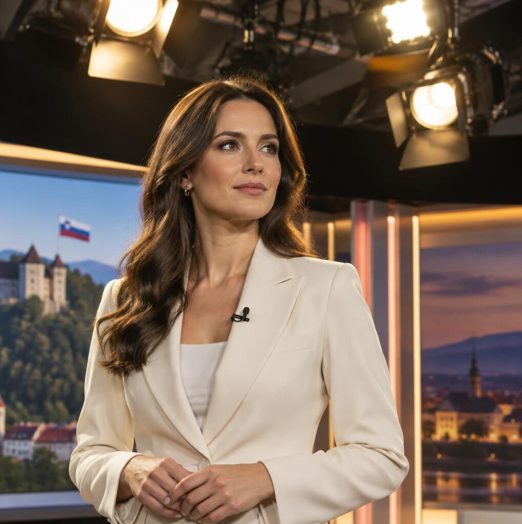 Presenter standing under studio lighting rig