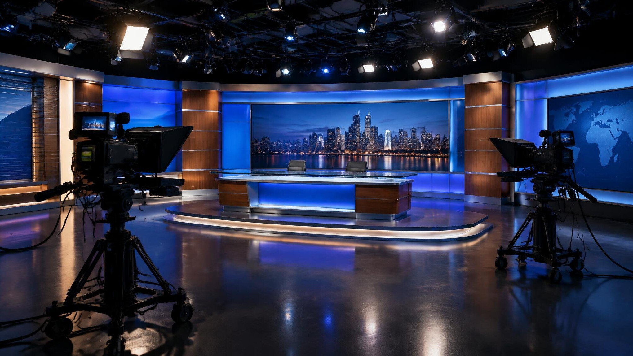 Television studio set with lighting rigs and cameras